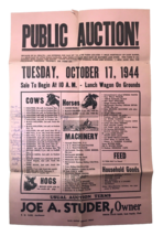 c.1944 Public Auction Poster Sign Farm Livestock Joe A. Studer Minnesota... - $129.99