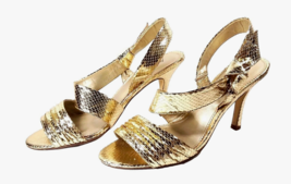 Women High Heel Gold Sandal Size 6.5 Vintage Inspired 70s Prom Jacqueline Ferrar - £30.27 GBP