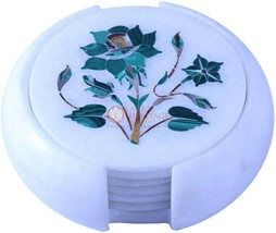 Marble Round Coffee Coaster Set Malachite Inlay Floral Arts Gifts Decor E1943 - £198.03 GBP