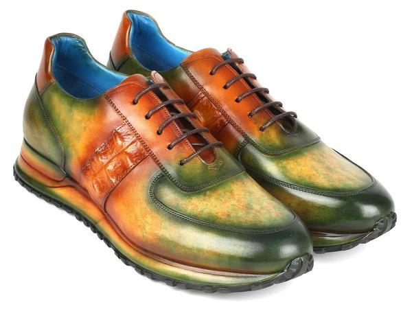 Primary image for Paul Parkman Mens Shoes Sneakers Green Brown Patina Leather Handmade LP207GRB