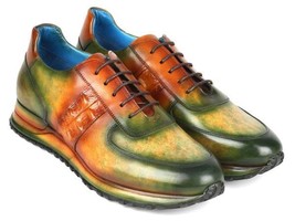 Paul Parkman Mens Shoes Sneakers Green Brown Patina Leather Handmade LP2... - £298.91 GBP