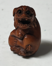 Vintage Japanese Wooden Netsuke Carved Fu Lion Dog Pi Xiu Signed Toggle ... - $49.84