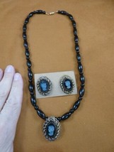 C-1513) vintage 1920 black glass Lady cameo pin pendant onyx necklace + earrings - £84.44 GBP