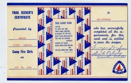 Camp Fire Girls Trail Seeker Certificate 1963 Dallas County Council  - £11.80 GBP