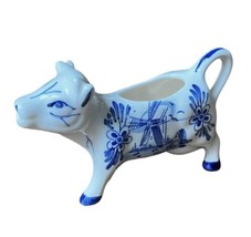 Vintage Delft Blue Handpainted Cow Creamer with Windmills &amp; Flowers - $16.81