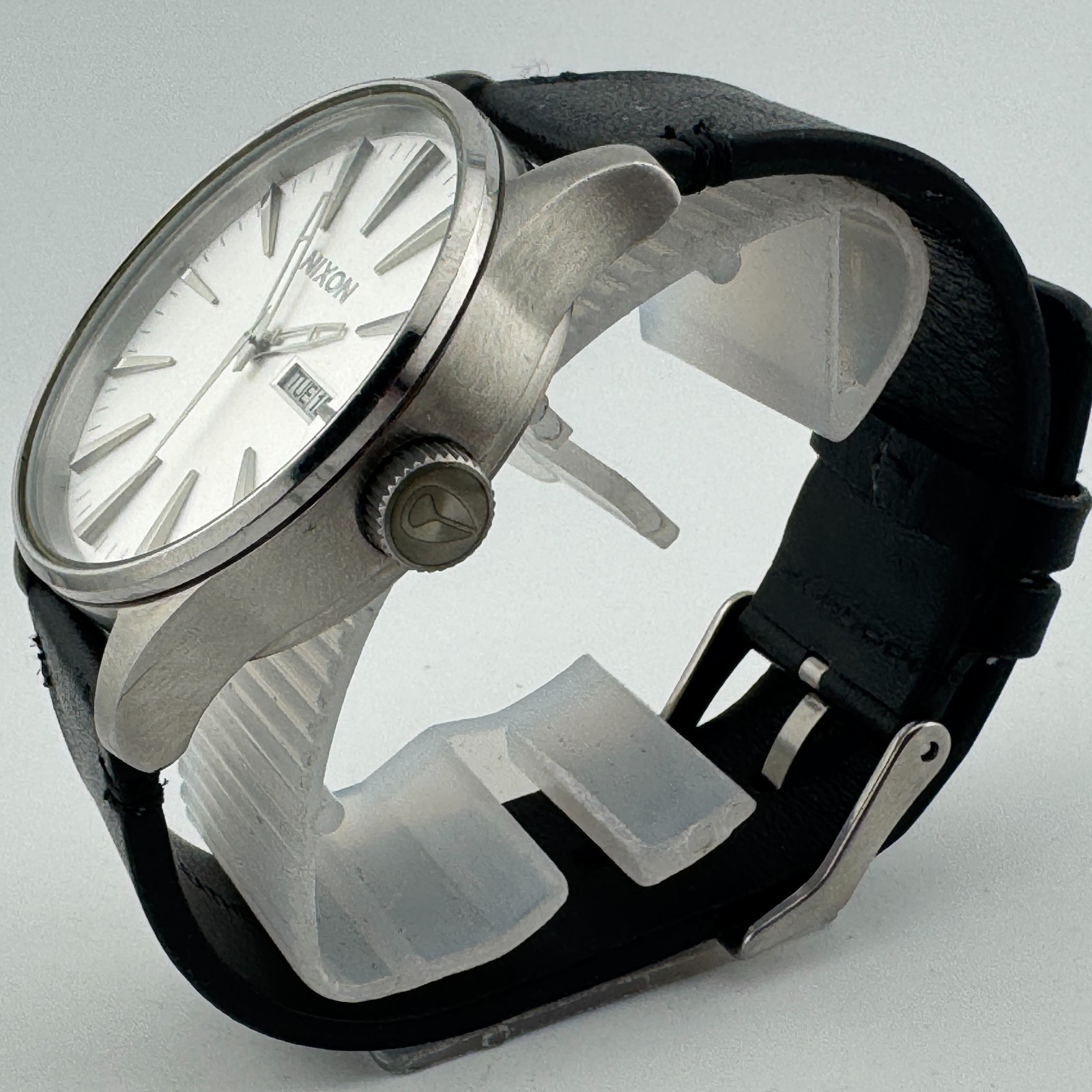 Nixon The Sentry Quartz Watch Men 100m Silver Steel Day Date Leather New Battery Item image 4