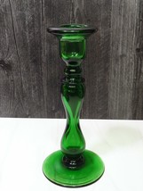 Antique Tall Hand Blown Emerald Green Glass Candlestick 10.5&quot; Heavy Hourglass  - £77.08 GBP
