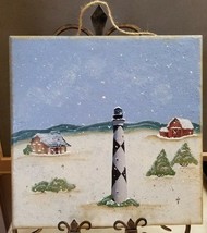Hand Painted Tile Snow Winter Scene Cape Lookout Lighthouse Outer Banks Signed - £31.96 GBP