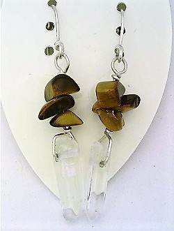 Tiger Eye Gemstone Nuggets And Crystal Silver Wire Earrings - $4.98