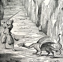 Man Battles Dragon In Underground Lair 1887 Wood Engraving Victorian Art DWEE28 - £19.61 GBP