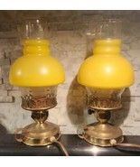 Pair Yellow Satin Shade Hurricane Lamps Brass Bedside Parlor Lights - $84.05