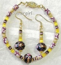 Yellow Purple Flower Lampwork Cat Eye Bracelet Earring Set - £15.30 GBP