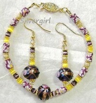 Yellow Purple Flower Lampwork Cat Eye Bracelet Earring Set - £15.00 GBP