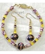 Yellow Purple Flower Lampwork Cat Eye Bracelet Earring Set - £14.93 GBP