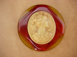 LARGE Antique bakelite Cameo Brooch - big vintage lucite Victorian pin - relief  - £137.66 GBP