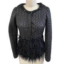 VTG 80s Morning Black Faux Leather Jacket Mongolian Fur Hem Beaded S Mob... - $128.65