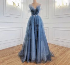 Blue Beaded Bling Evening Dresses Gowns New Spaghetti Strap Sexy For Women Dress - £416.45 GBP