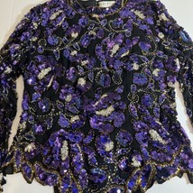 Vintage 80&#39;s Black Tie Oleg Cassini Women Medium Purple Silver Sequin Blouse - £73.94 GBP