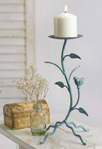Blue Distressed Iron Candle Stand BIRD On BRANCH 11&quot;/ 4-Leg Pillar Candle Holder - £15.23 GBP