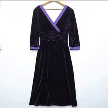 Sandra Darren Formal Velvet Dress 6 Purple Midi Fit &amp; Flare V-neck Satin Trim - £21.31 GBP