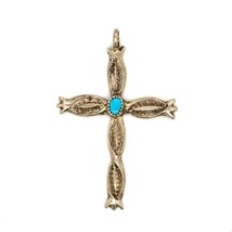 Vtg Native American Tribal Stamp Turquoise Religious Cross Charm Pendant Signed - £59.85 GBP