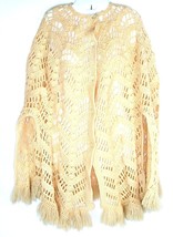 Vtg Poncho Handmade Crochet Fringe Cream Ivory Hippie Boho festival One ... - £39.47 GBP