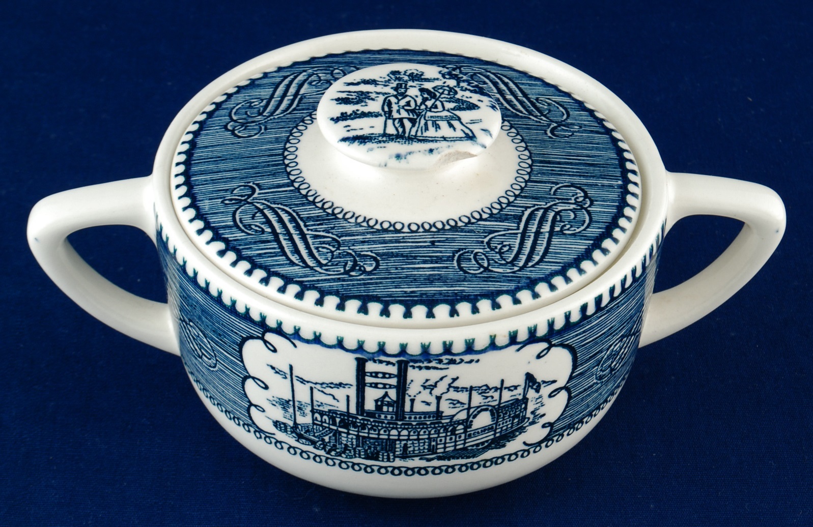Royal China USA Currier & Ives Blue Sugar Bowl No Lid Paddle Wheel Boat Item image 6
