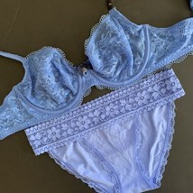 Victoria&#39;s Secret unlined 34C BRA SET S cotton panty BLUE lace BODY by V... - $957.04 MXN