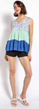 New GIGIO Size S M L Blue Color Block Floral Tiered Sleeveless Rayon Top - $27.66 CAD