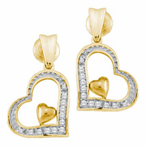 10K Yellow Gold Round Diamond Heart Dangle Fashion Earrings 1/10 Cttw - £143.45 GBP