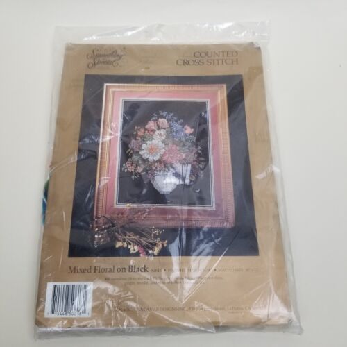 Mixed Floral On Black SOMETHING SPECIAL Cross Stitch Kit 14" X 18" BLACK 1991 - £19.46 GBP
