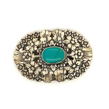 Vintage Signed Sterling Handmade Carved Floral Oval Turquoise Pendant Brooch Pin - £43.65 GBP