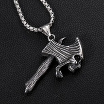 Mens Skull Axe Pendant Necklace Gothic Punk Jewelry Stainless Steel Chain 24" - £9.48 GBP