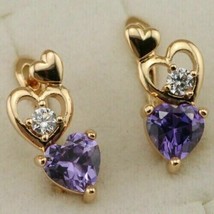 3Ct Heart Cut Amethyst and Round Moissanite Hoop Earrings 14K Yellow Gold Plated - £103.29 GBP