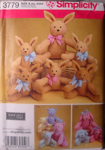 Sewing Pattern 3779 Stuffed Animals, Dogs, Bunnies, Cats in Fleece to Make - £4.35 GBP