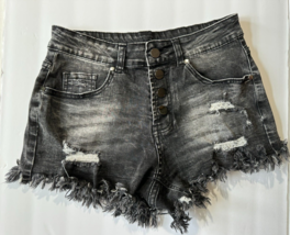 Destroyed Black Jeans Denim Shorts women size S mid rise Buttoned Up - £7.99 GBP