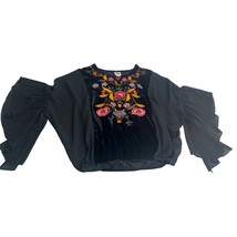 Ivu Jane Top Shirt Silk Velvet 3/4 Kimono Sleeve Boho Embroidered Floral Small S - £46.57 GBP