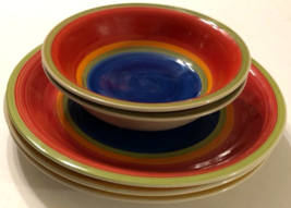 Lot 5 Royal Norfolk Mambo Dinner Plate Soup Bowl Circles Blue Red Stonew... - £43.87 GBP