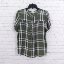 C&amp;C California Top Womens Medium Green Plaid Short Sleeve Henley Rayon Shirt - £14.12 GBP