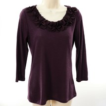 Marina Luna Womens Ruffle Scoop Neck Shirt S Small Purple Slub Knit 3/4 ... - $28.49