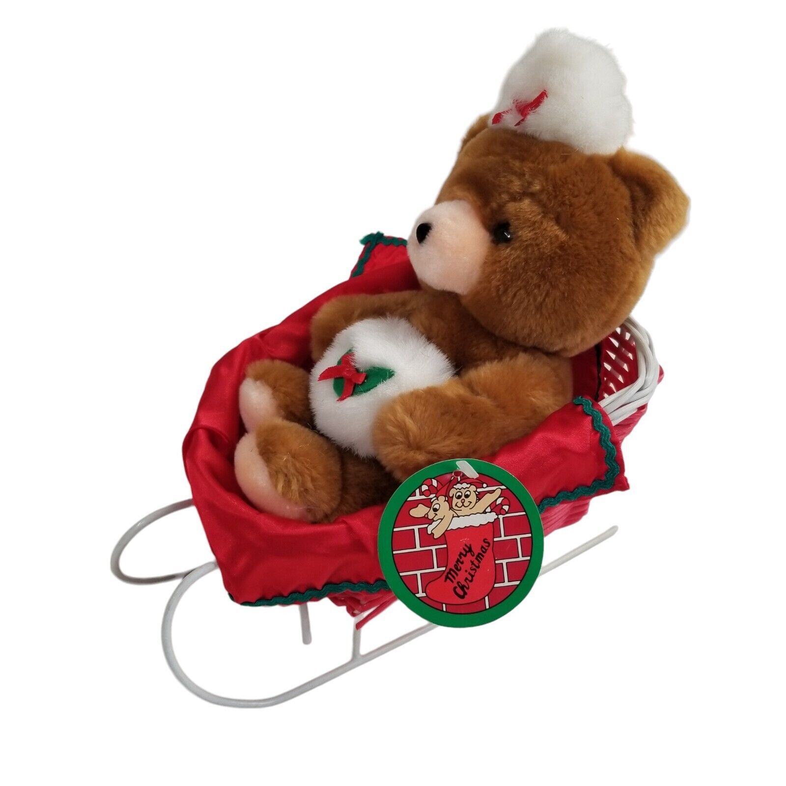 Christmas Plush Bear in Sleigh Stuffed Animal Toy Jerry Elsner 1987 with Tag 80s - £35.39 GBP
