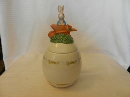 White Ceramic Peter Rabbit Egg Shape Cookie Candy Jar Teleflora 2003 10&quot; Tall - £31.97 GBP