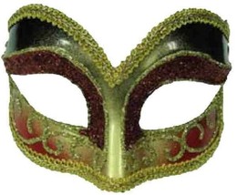 Deluxe Red &amp; Gold Venetian Style Mardi Gras Masquerade Mask w/RED &amp; Gold Glitter - £14.69 GBP