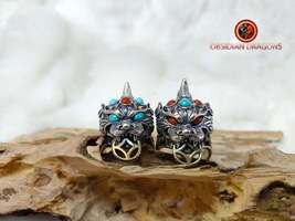 Pixiu dragon ring, feng-shui protection. 925 silver, copper, turquoise - £0.00 GBP+