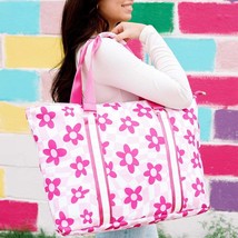 Pink Flowers Checkered Pattern Beach Tote Bag - £38.29 GBP