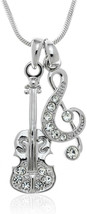 Gift For Musician Crystal Violin And G Treble Clef Silvertone Pendant Necklace - £39.16 GBP