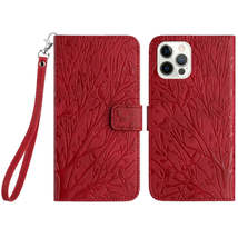 For iPhone 14 Pro Tree Birds Embossed Pattern Leather Phone Case(Red) - £3.94 GBP