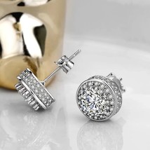 1.70Ct Round Cut Natural Moissanite Halo Stud Earrings 14K White Gold Plated - £194.65 GBP