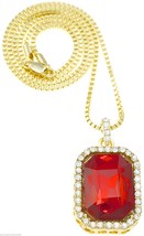 Square Stone Ruby Red Necklace Iced Out Crystal Rhinestones 30 Inch Box Chain - £20.04 GBP