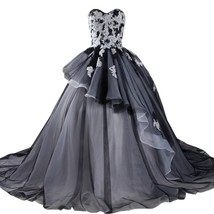 Kivary Long Ivory and Black Gothic Lace Beaded Corset Bridal Wedding Dresses US  - £150.83 GBP